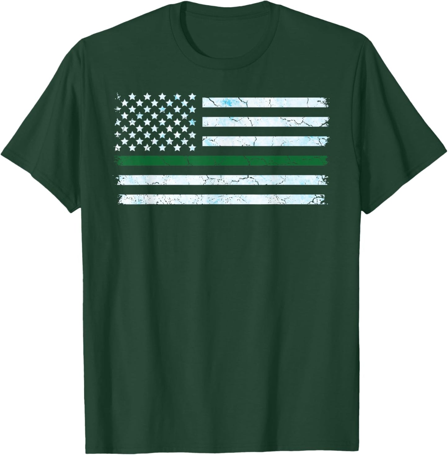 US America Flag Thin Green Line I Support ICE Stand with ICE T-Shirt - T-Shirt | Forest