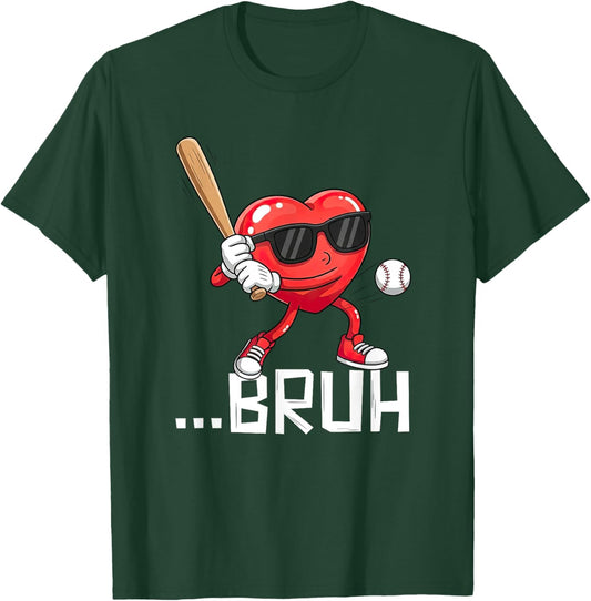 Valentines Bruh Red Heart Playing Baseball Men Boys Kids T-Shirt - T-Shirt | Forest