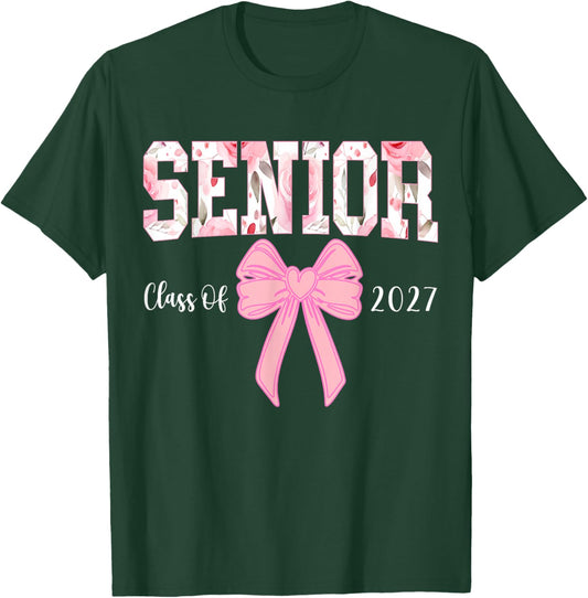 Senior 2027 Floral Pink Bow Back to School Class of 2027 T-Shirt - T-Shirt | Forest