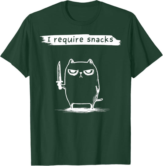 Funny Cat Meme I Require Snacks Design Men Women Kids T-Shirt - T-Shirt | Forest