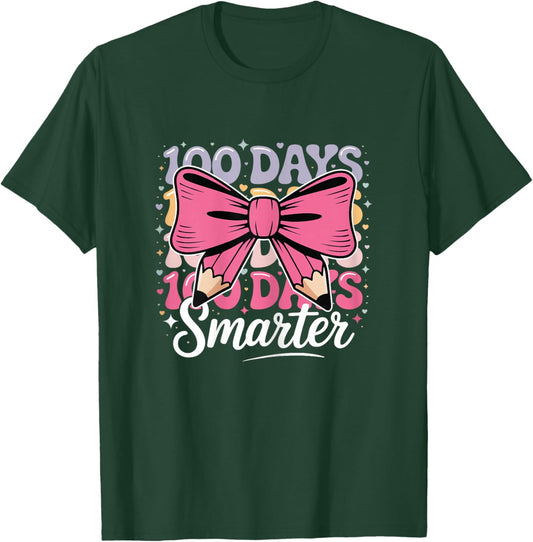 Cute 100 Days Smarter School Teacher Girls Kids Coquette Bow T-Shirt - T-Shirt | Forest
