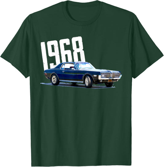 1968 68 Mercury Cougar Blue Classic Vintage Old Car USA Flag T-Shirt - T-Shirt | Forest