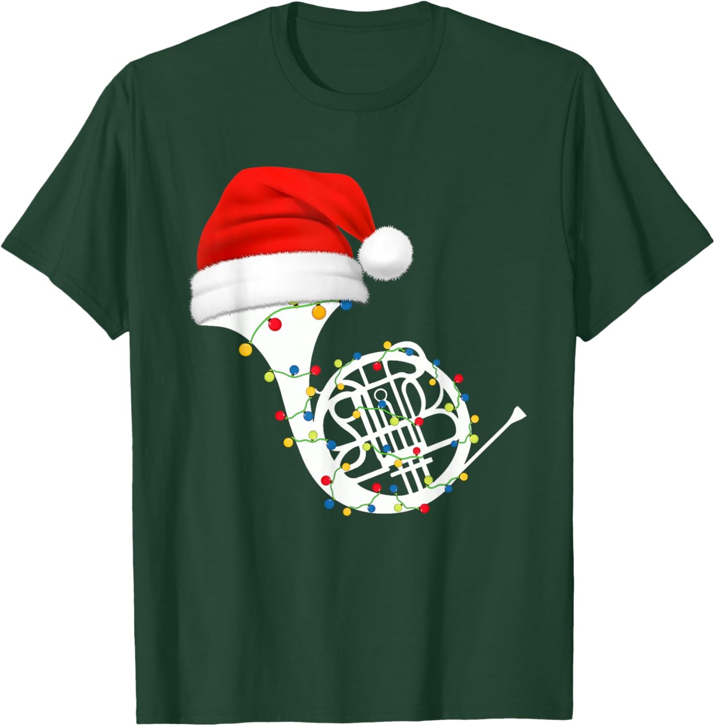 French Horn Christmas Santa Hat Lights Music Lover Xmas T-Shirt - T-Shirt | Forest