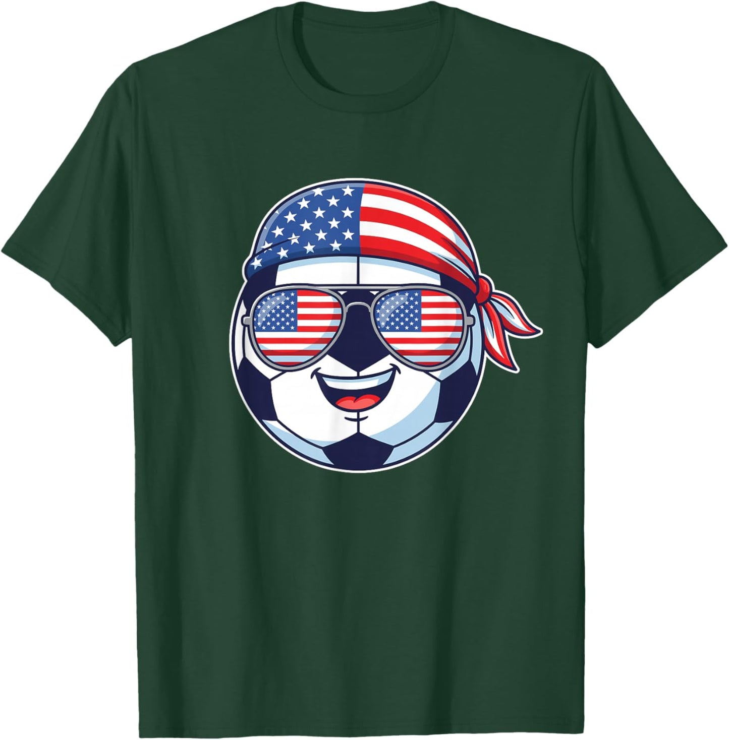 American Flag on Soccer Ball Wearing Sunglasses Bandana T-Shirt - T-Shirt | Forest