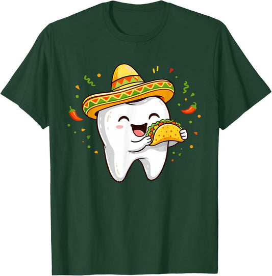 Cinco De Mayo Dentist Tooth Eating Taco Sombrero Dental T-Shirt - T-Shirt | Forest