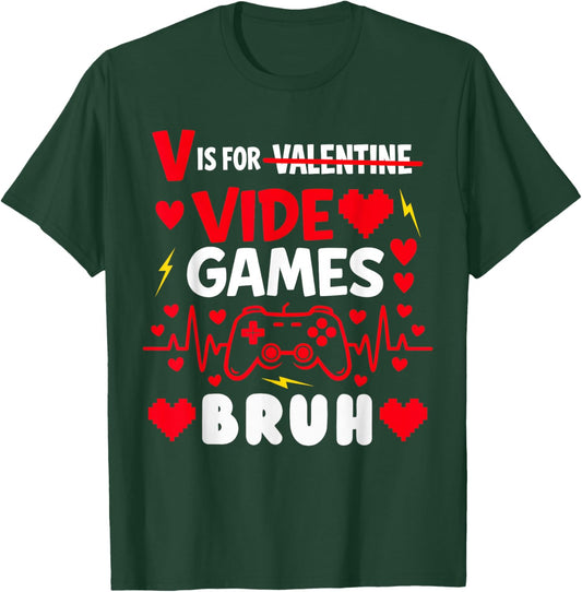 V is for Video Games for Boy Men Kid Funny Gamer Valentines T-Shirt - T-Shirt | Forest