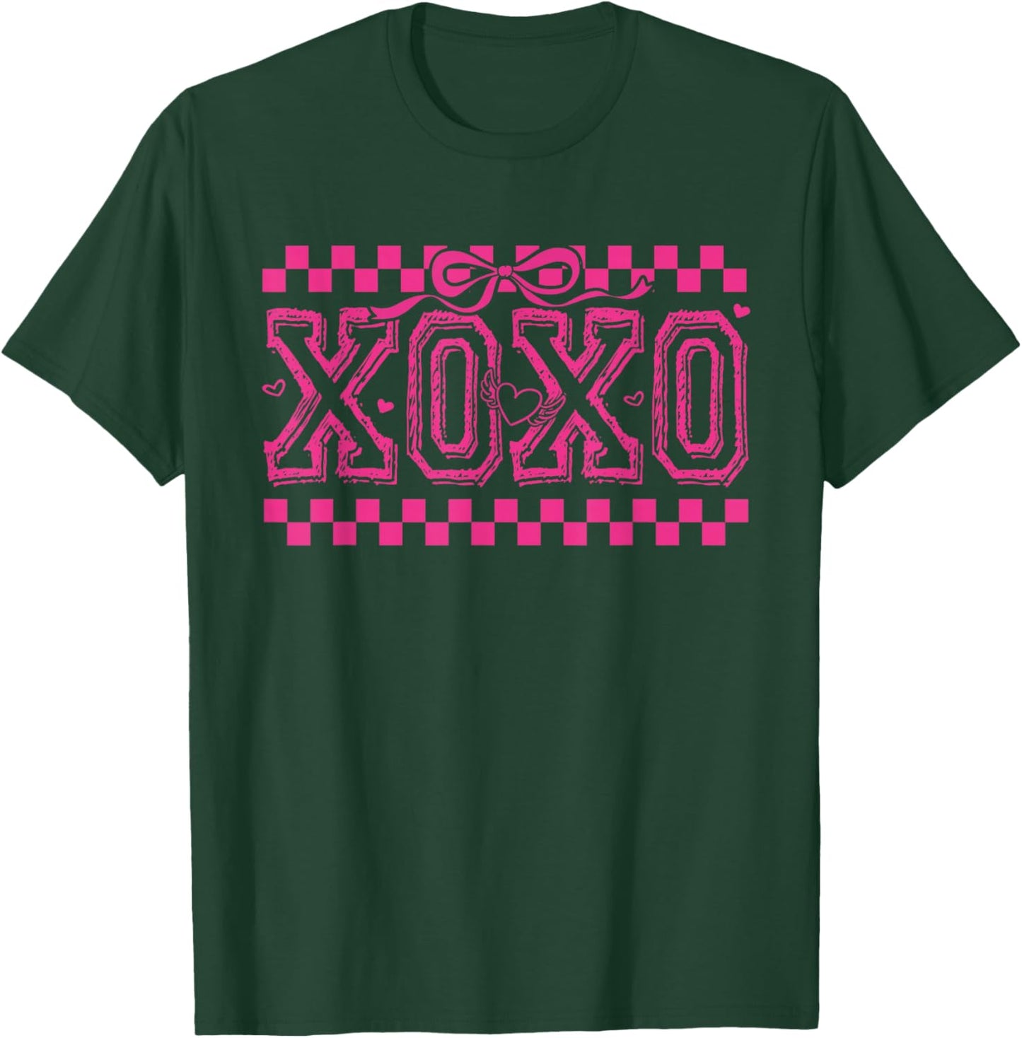 Retro XOXO Valentine Checker Coquette Bow Girl Women Kid T-Shirt - T-Shirt | Forest