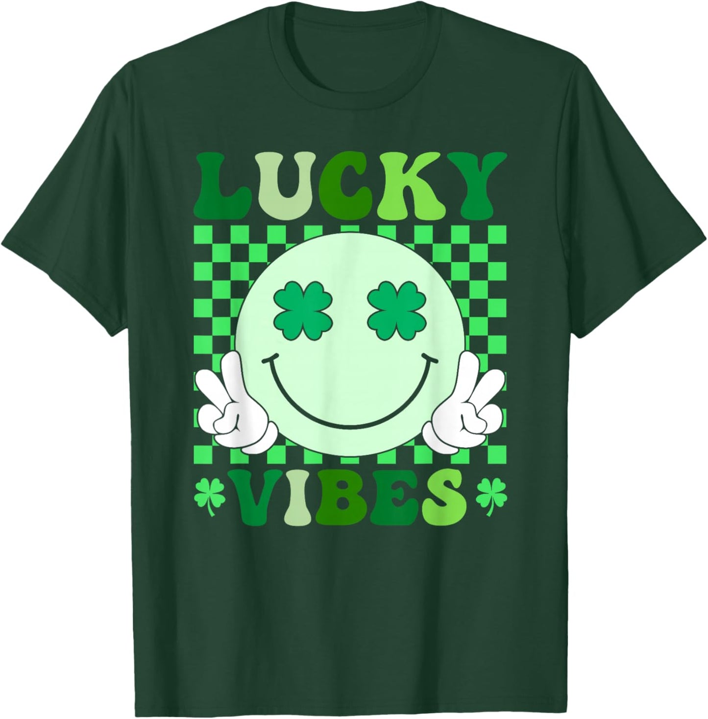 Groovy Lucky Vibes St Patricks Day Retro Smile Face Shamrock T-Shirt - T-Shirt | Forest