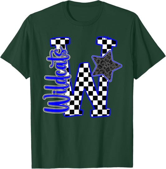 Blue Wildcats Checkered Print Star Leopard School Spirit T-Shirt - T-Shirt | Forest