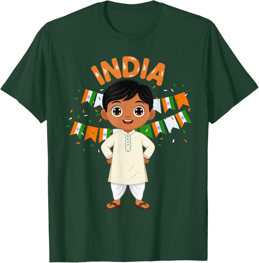 India Indian Boy Traditional Outfit Wear Flag Heritage T-Shirt - T-Shirt | Forest