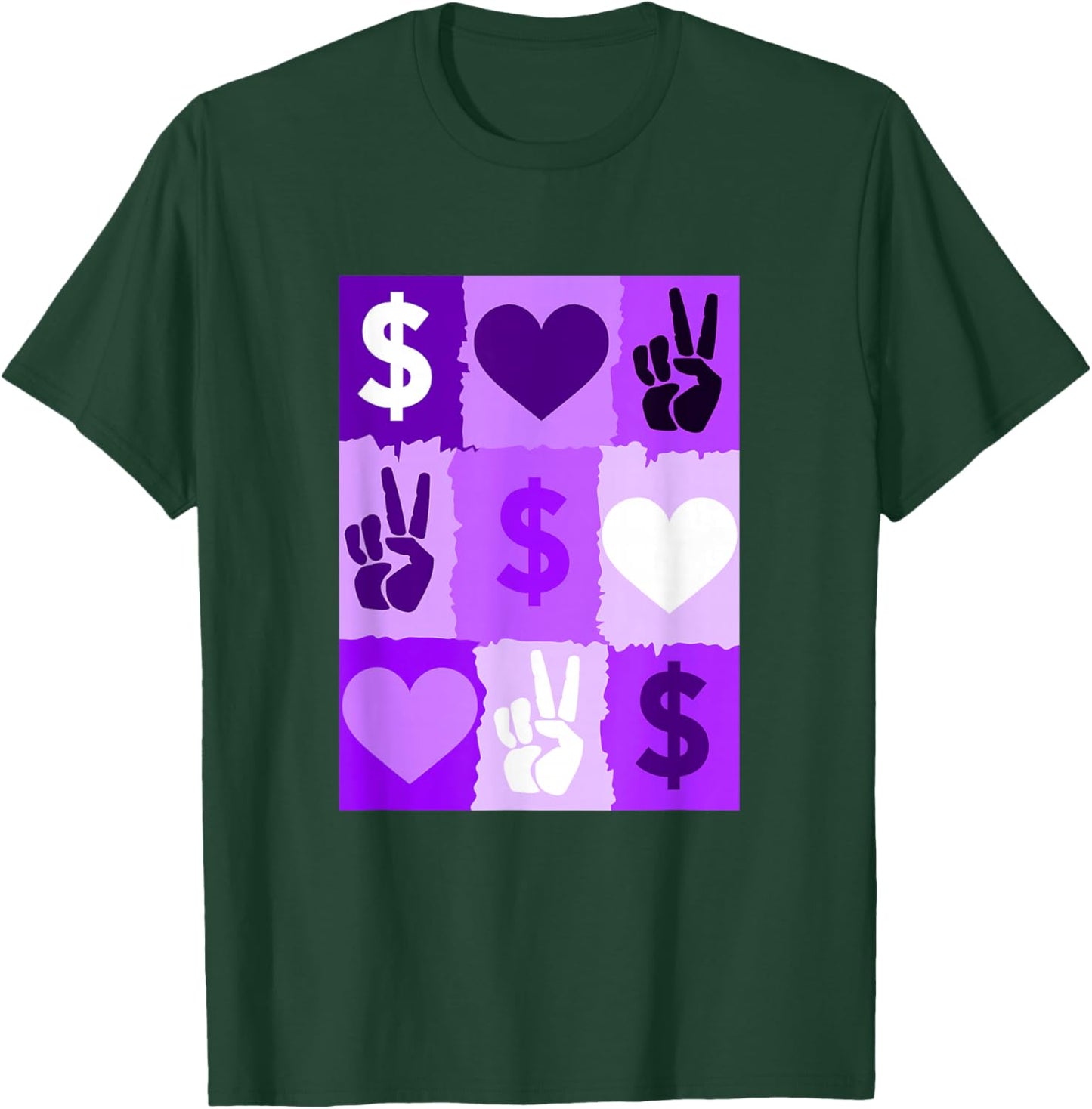 Purple Color Peace Love Money Grid Purple Graphic T-Shirt - T-Shirt | Forest