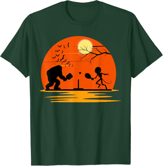 Bigfoot and Alien Playing Pickleball Halloween Sunset T-Shirt - T-Shirt | Forest