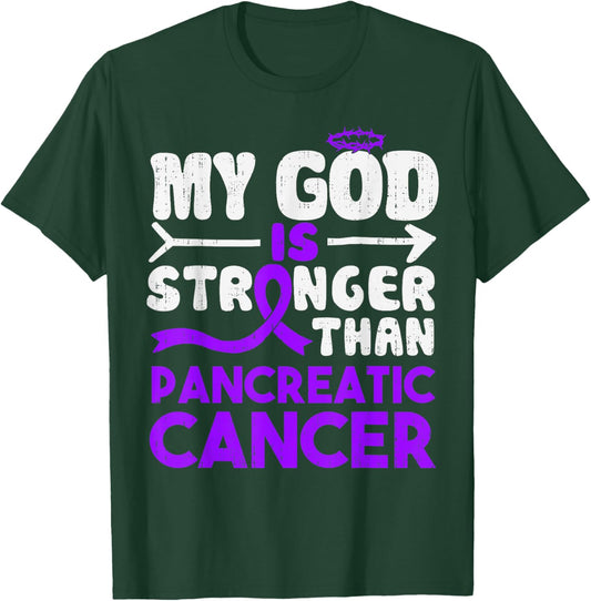 God Stronger Pancreatic Cancer Awareness Ribbon Purple T-Shirt - T-Shirt | Forest