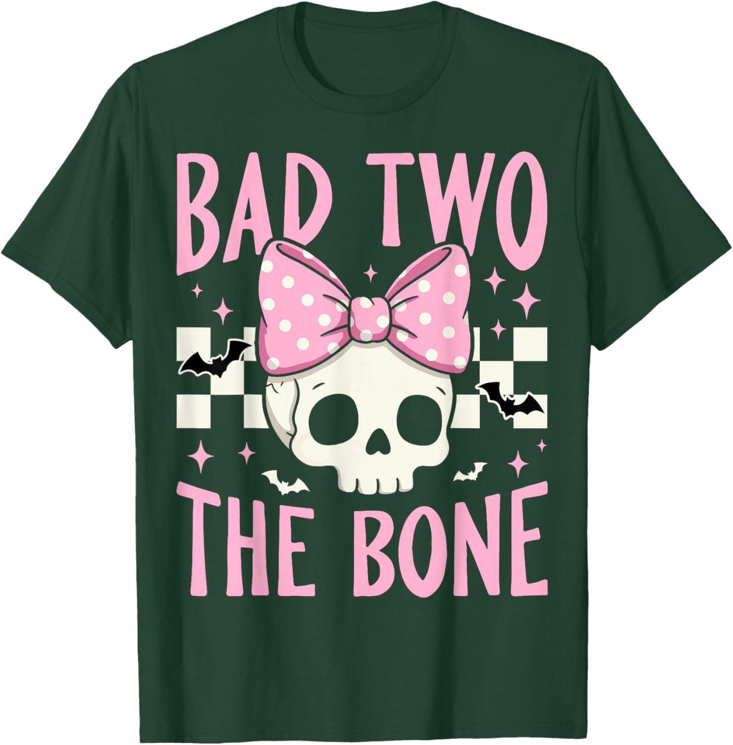Bad Two The Bone Skull with Pink Bow for Halloween T-Shirt - T-Shirt | Forest