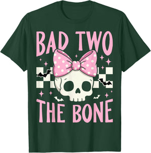 Bad Two The Bone Skull with Pink Bow for Halloween T-Shirt - T-Shirt | Forest