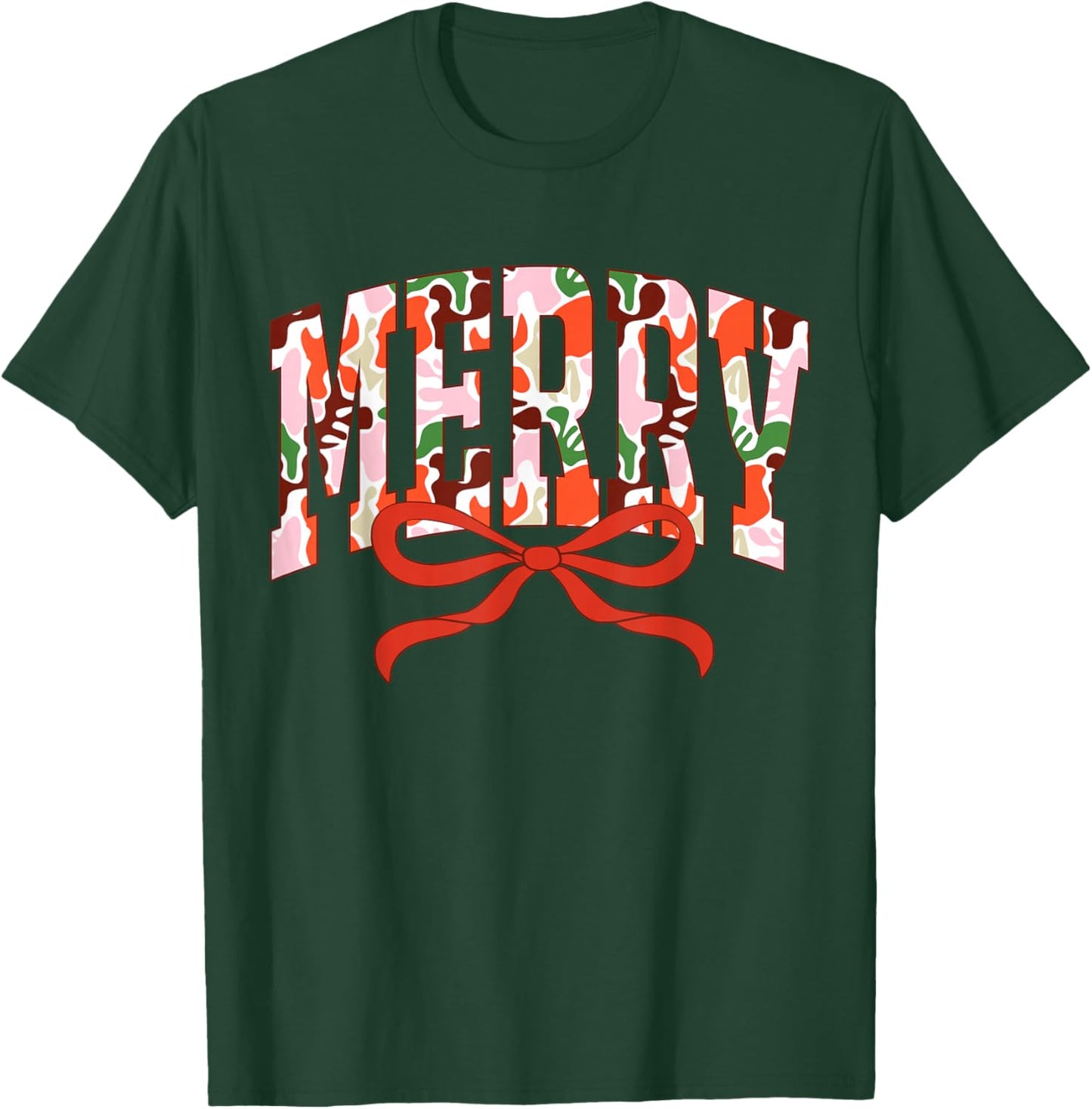 Camo Merry Coquette Bow Camouflage Happy Christmas Family T-Shirt - T-Shirt | Forest
