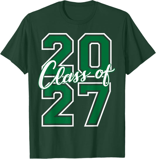 Class of 2027 Graduation Student Varsity Green White Letters T-Shirt - T-Shirt | Forest