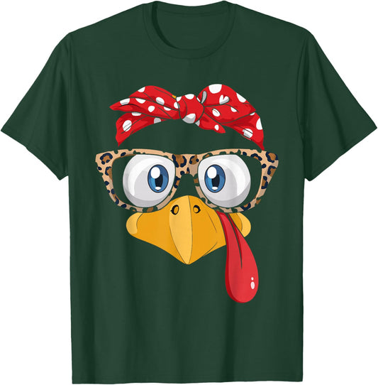 Thanksgiving Turkey Face Leopard with Glasses Bow Women Girl T-Shirt - T-Shirt | Forest