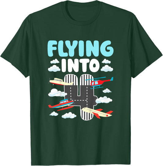 4th Airplane Birthday Party 4 Year Old Pilot Birthday T-Shirt - T-Shirt | Forest
