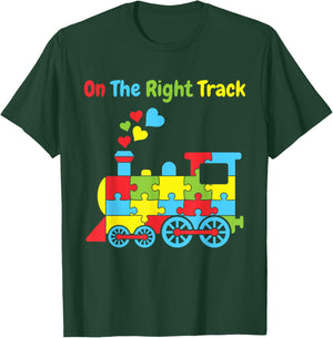 On The Right Track Autism Awareness Puzzle Piece Train T-Shirt - T-Shirt | Forest