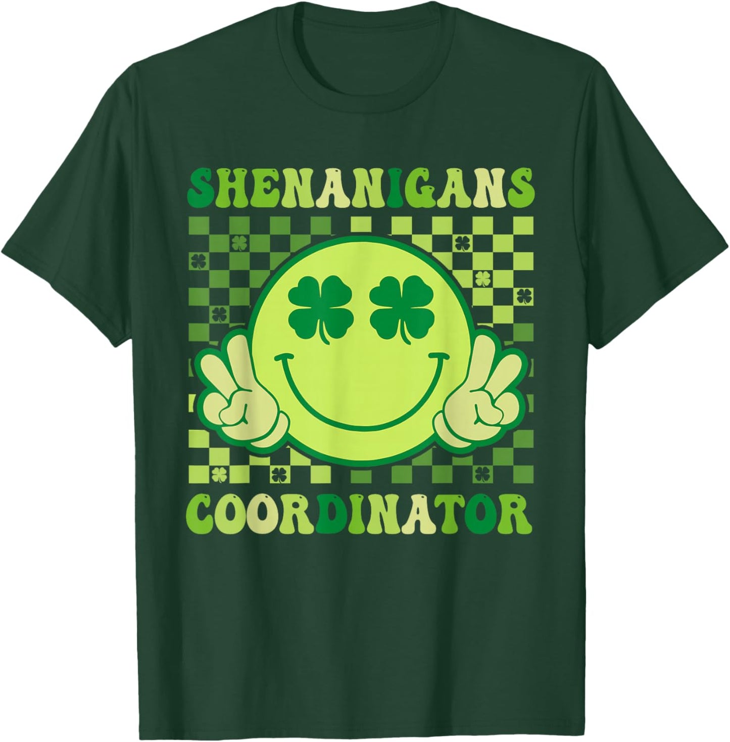Shenanigans Coordinator Retro Smile Shamrock St Patricks Day T-Shirt - T-Shirt | Forest