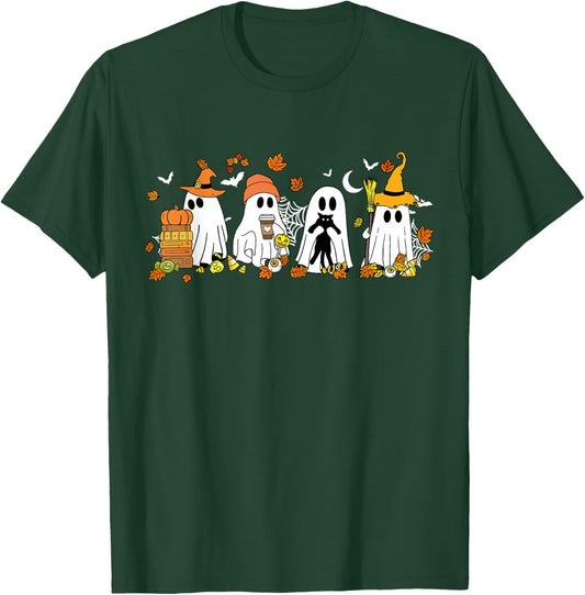 Cute Ghost Drinking Coffee Halloween Fall Book Reading Cat T-Shirt - T-Shirt | Forest