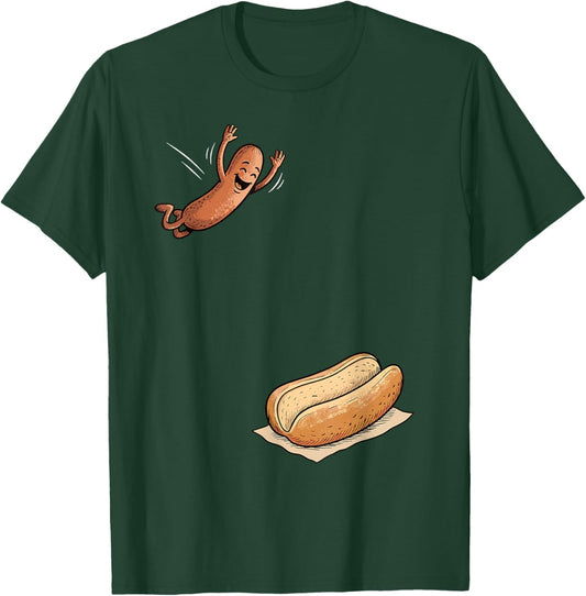 Hotdog Jumping into Bun Funny BBQ T-Shirt - T-Shirt | Forest