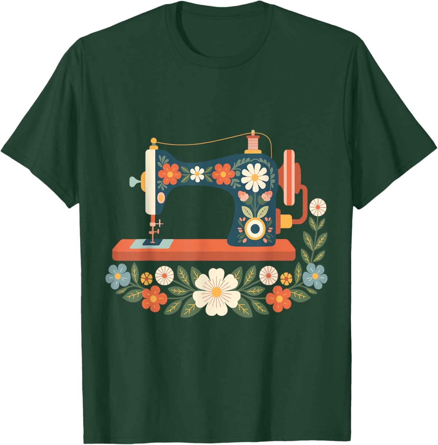 Retro Floral Sewing Machine Quilting Lover Graphic Flowers T-Shirt - T-Shirt | Forest