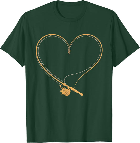 Fishing Rod Heart Valentine's Day Fisherman Love Bass Angler T-Shirt - T-Shirt | Forest