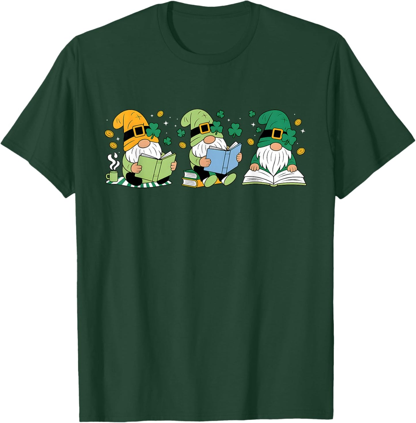Gnomes Reading Books Teacher St Patricks Day Shamrock Irish T-Shirt - T-Shirt | Forest