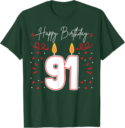 Candle 91 Birthday Party Decoration Wishes Candlelight Cake T-Shirt - T-Shirt | Forest