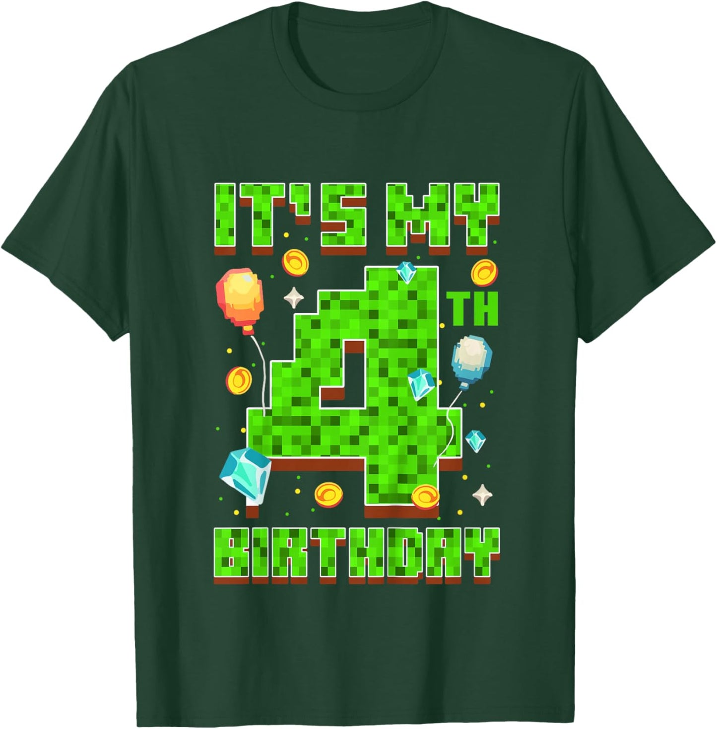 Kids It's My 4th Birthday Boy 4 Year Old Video Gamer Pixel T-Shirt - T-Shirt | Forest