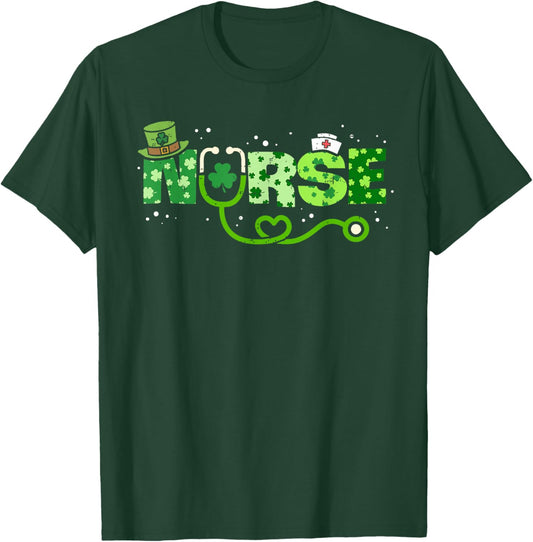 Nurses Shamrock Stethoscope Scrub Top Nurse St Patricks Day T-Shirt - T-Shirt | Forest