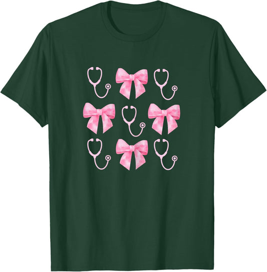 Pink Stethoscope & Ribbon Nurse, Cute RN Gift, Nurse Bow T-Shirt - T-Shirt | Forest