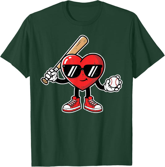 Valentines Day Heart Baseball Player Sports Boys Kids Men T-Shirt - T-Shirt | Forest