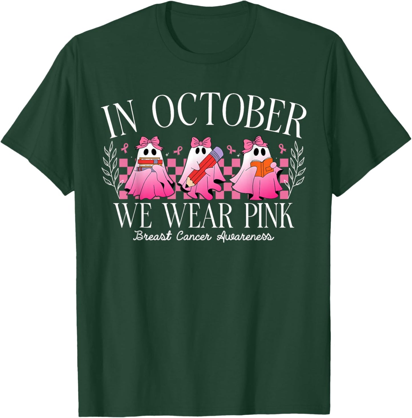 Cute Ghost Teachers October Breast Cancer Awareness Teacher T-Shirt - T-Shirt | Forest