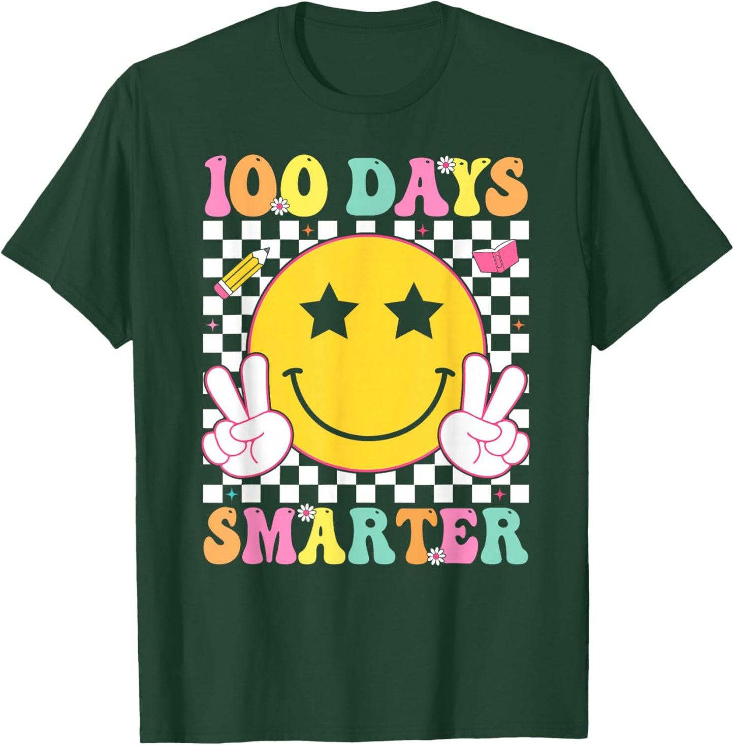 100 Days Smarter Retro Smile Face Teacher Kids 100th Day T-Shirt - T-Shirt | Forest