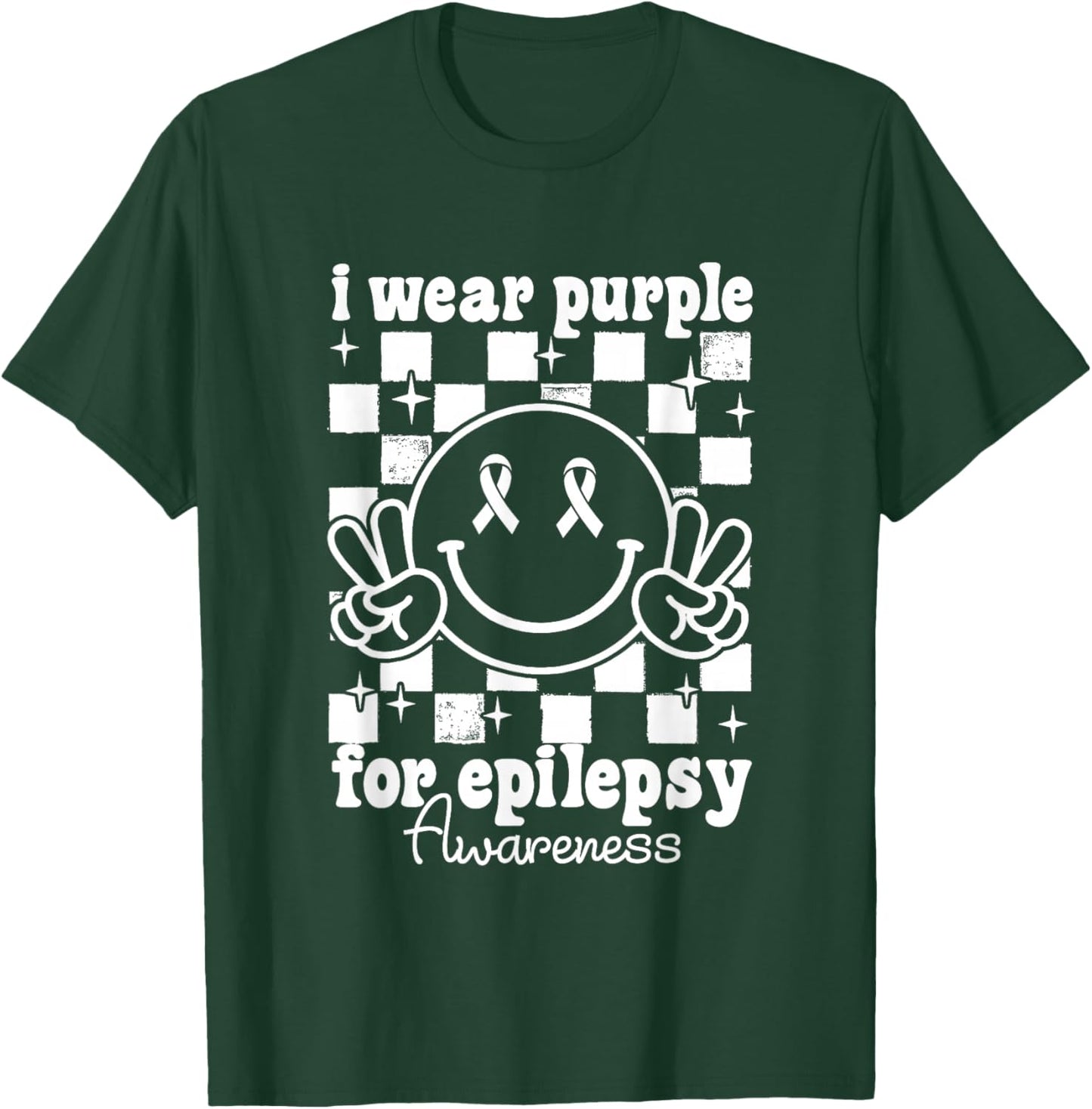 I Wear Purple for Epilepsy Awareness Checkered Smile Face T-Shirt - T-Shirt | Forest
