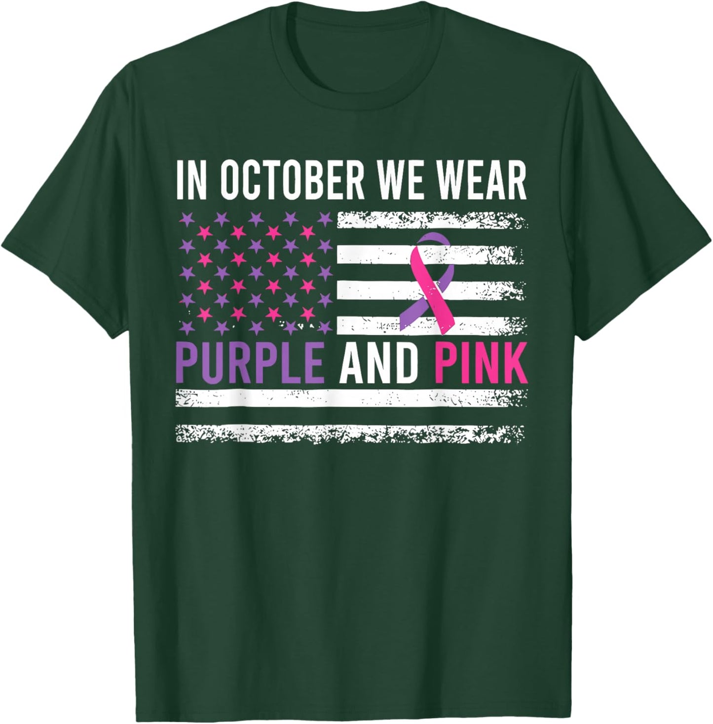 in October We Wear Purple and Pink USA Flag Men Women Kids T-Shirt - T-Shirt | Forest