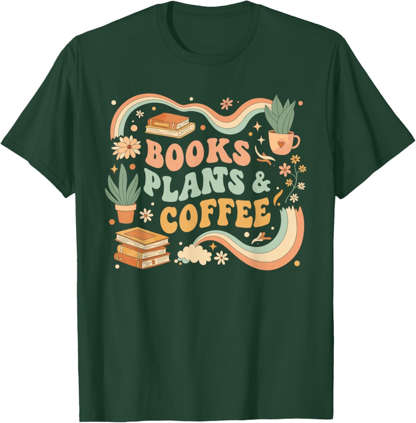 Book Lover Coffee Plants Retro Cozy Succulent Reading Groovy T-Shirt - T-Shirt | Forest