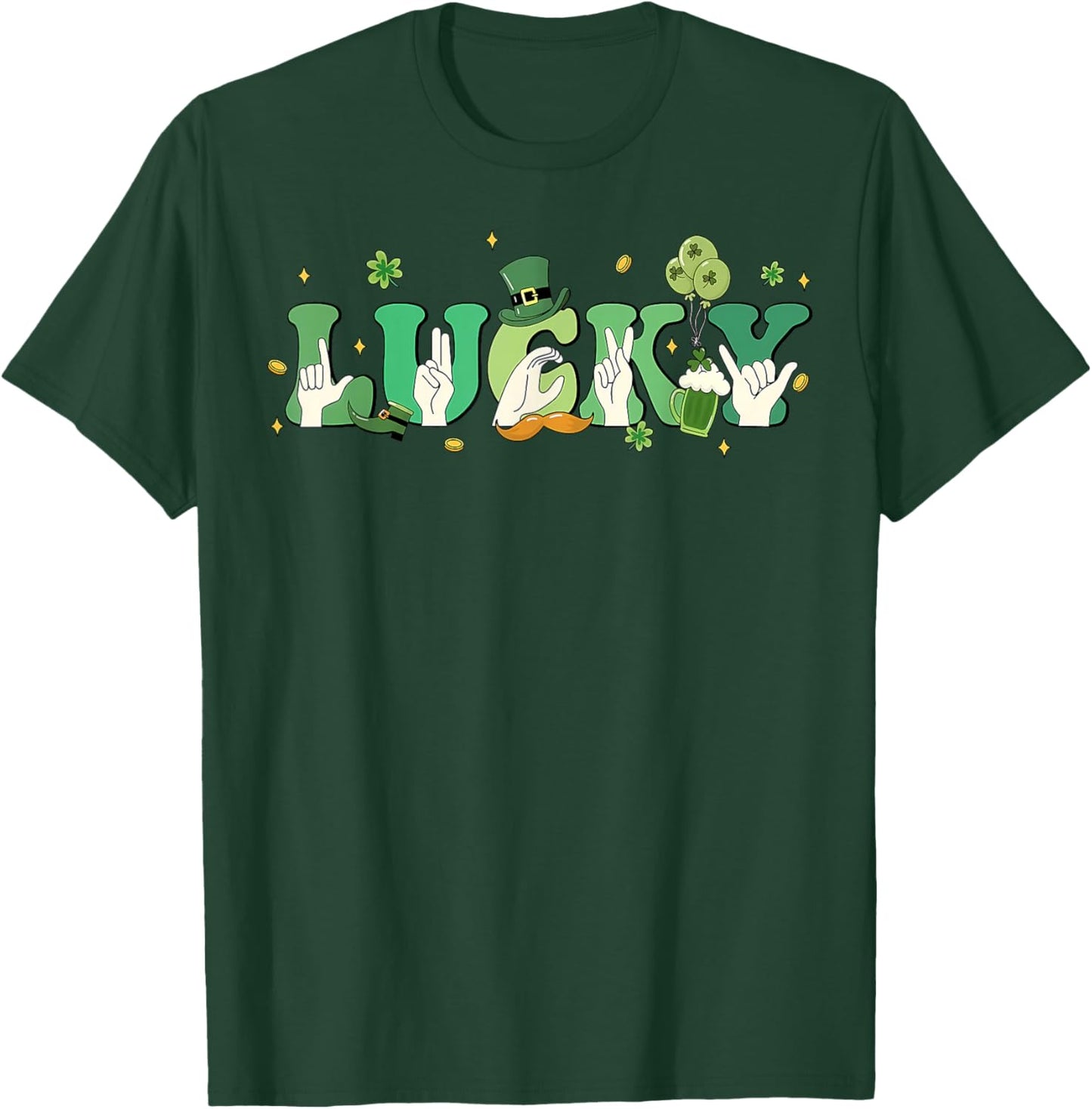 Lucky Sign Language St Patricks Day Shamrock Irish ASL T-Shirt - T-Shirt | Forest