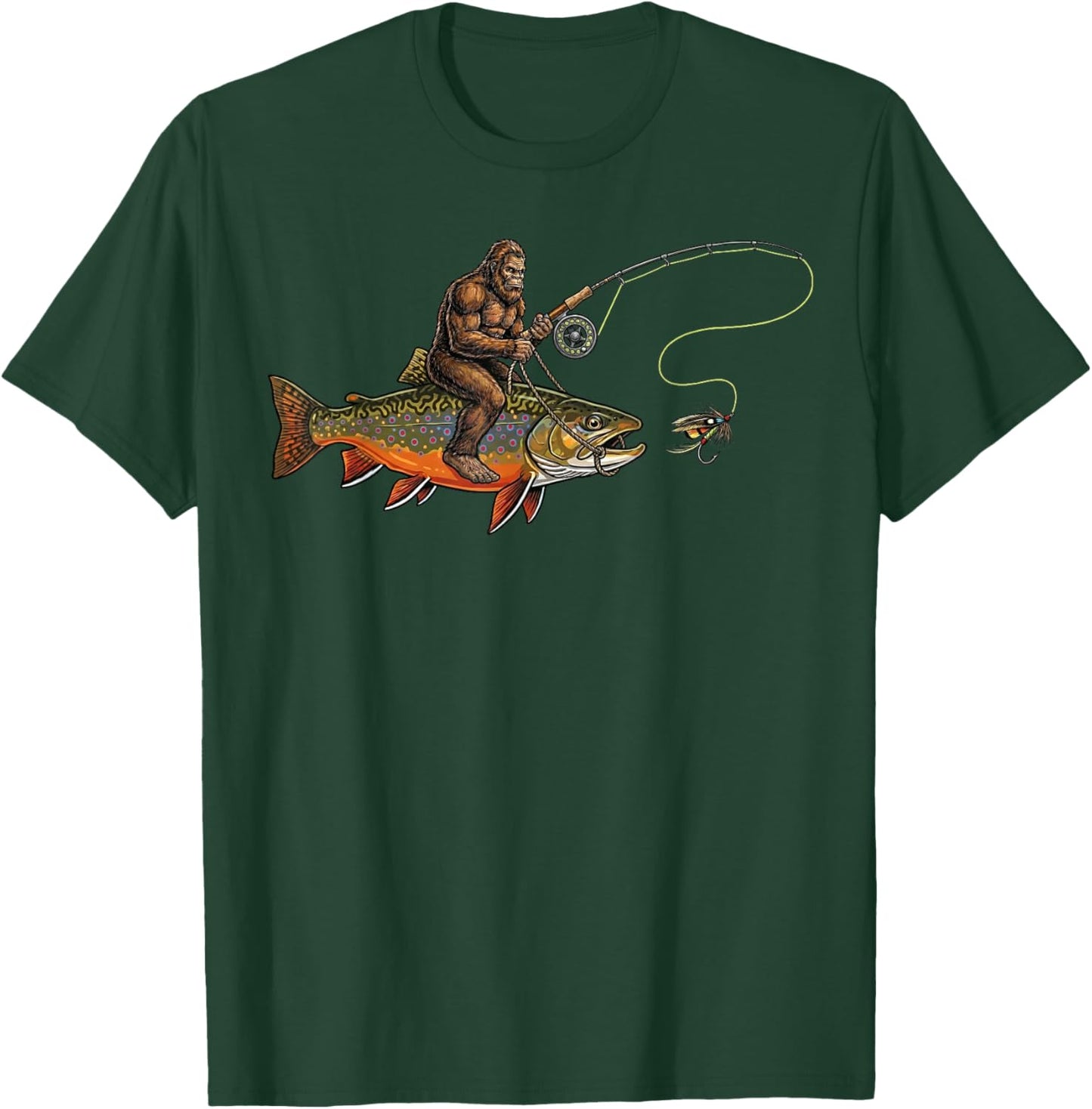 Brook Trout Fishing Bigfoot Riding Fisherman Funny Angler T-Shirt - T-Shirt | Forest