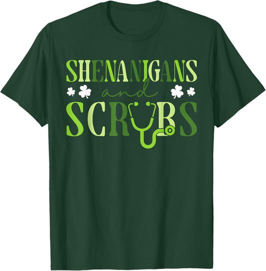 Shenanigans and Scrub Stethoscope St Patricks Day Nurse T-Shirt - T-Shirt | Forest