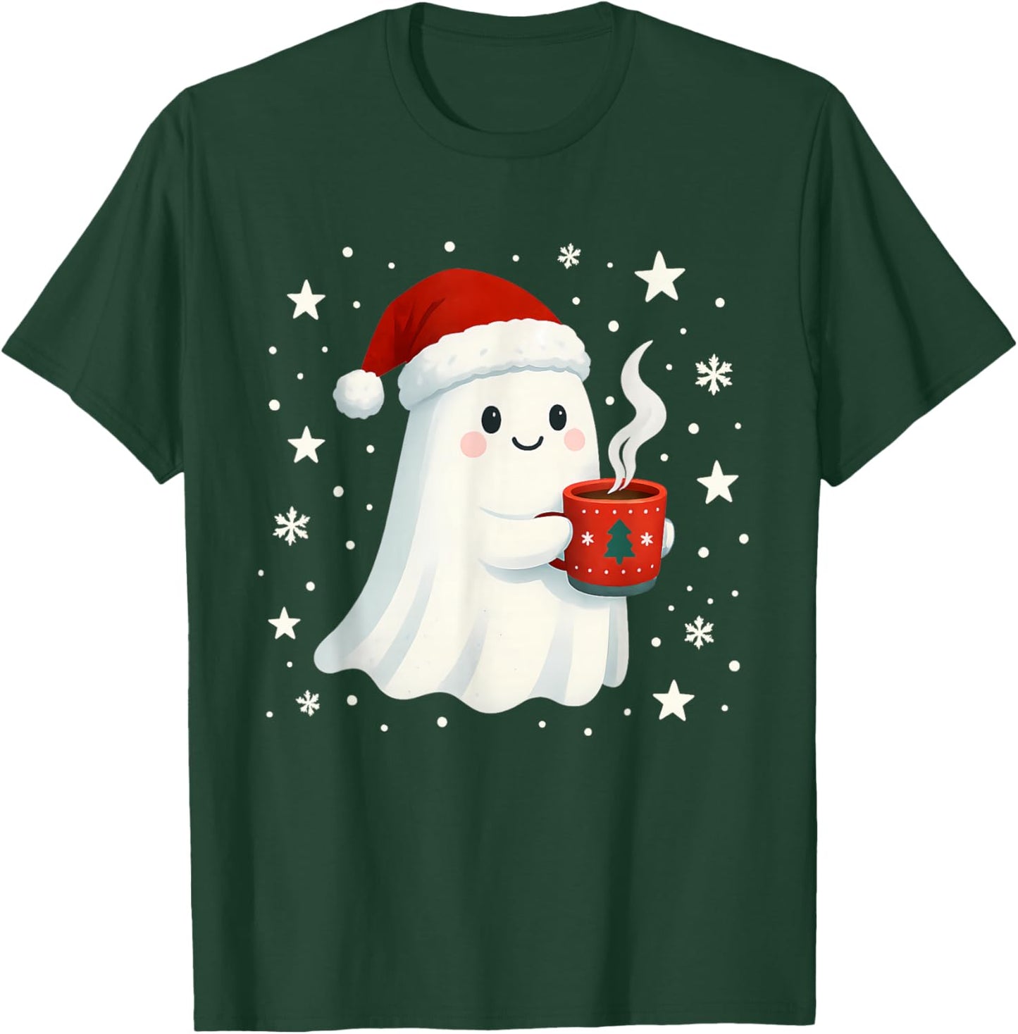 Cute Christmas Ghost with Hot Cocoa Santa Hat Winter Holiday T-Shirt - T-Shirt | Forest