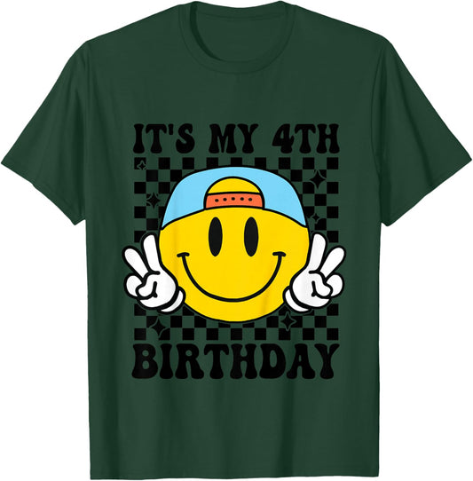 Its My 4th Birthday Smile face 4 Years Old Boys Girls T-Shirt - T-Shirt | Forest