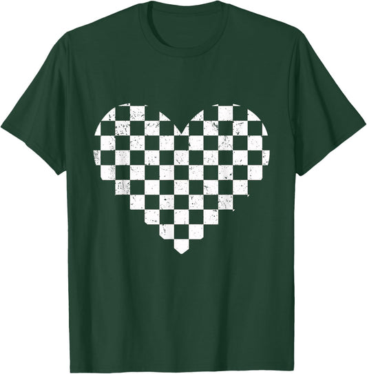 Girls Valentines Heart Silhouette Checkerboard Retro T-Shirt - T-Shirt | Forest