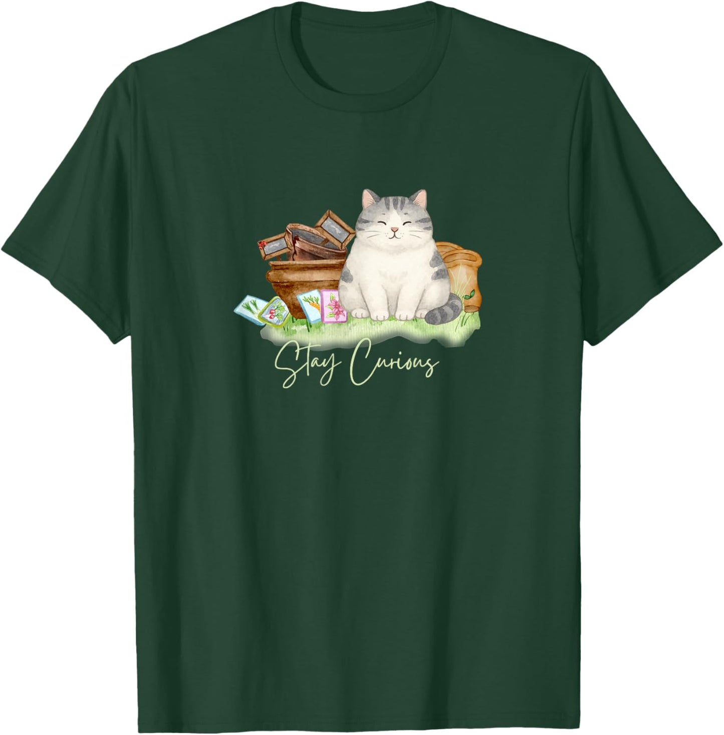 Stay Curious Cat – Whimsical Garden Art T-Shirt - T-Shirt | Forest