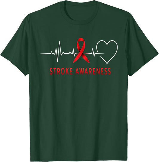 Red Ribbon Heart ECG Medical Stroke Awareness Heartbeat T-Shirt - T-Shirt | Forest
