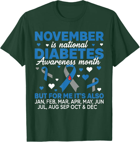 November is Diabetes Awareness Month Blue and Gray Ribbon T-Shirt - T-Shirt | Forest
