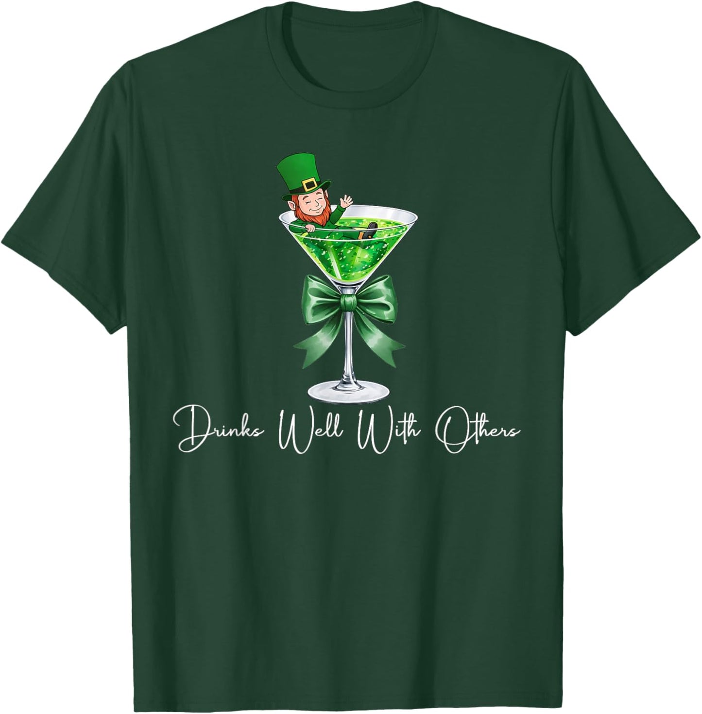 Drinks Well with Others Funny Leprechaun Martini Cocktail T-Shirt - T-Shirt | Forest